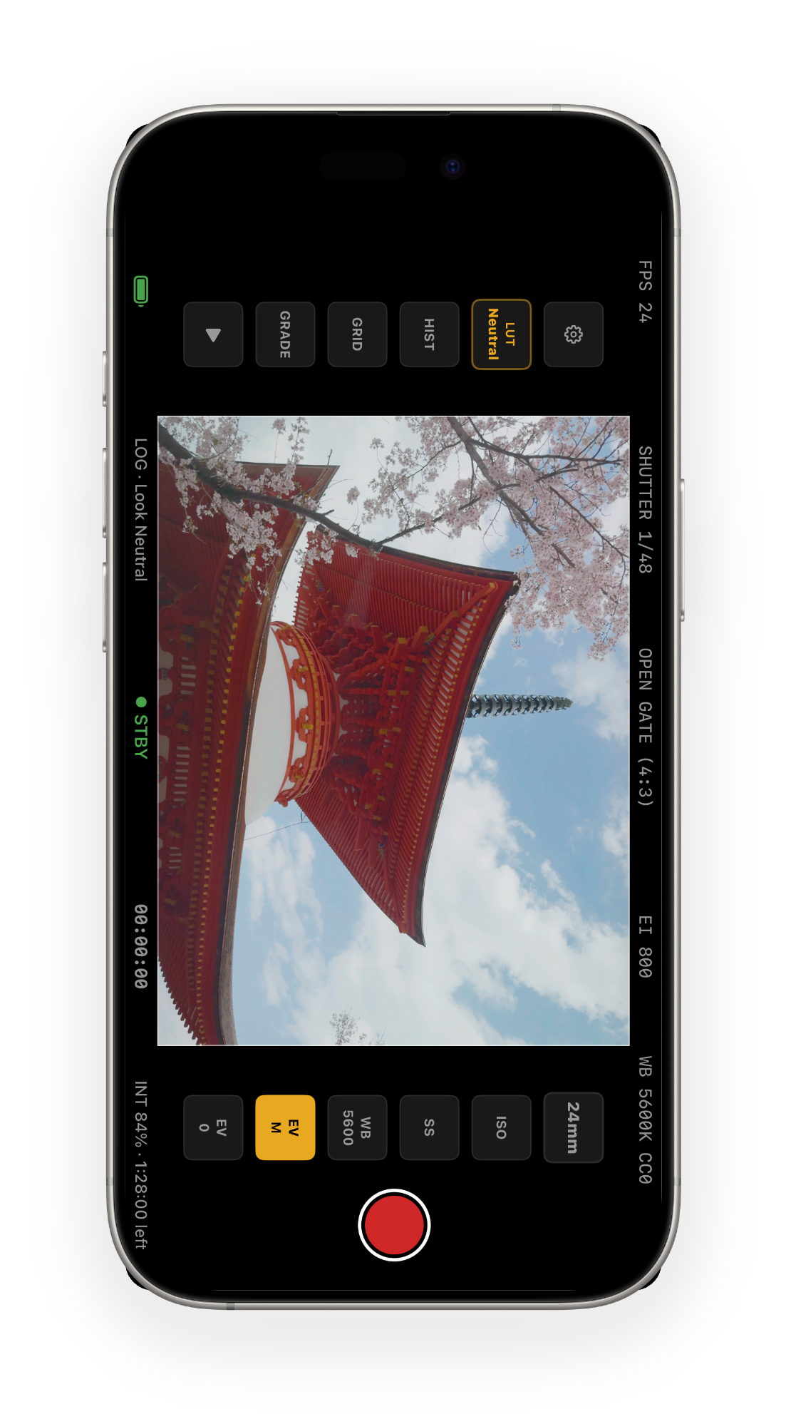 GATE CAM capture screen — Open Gate 4:3 full sensor mode