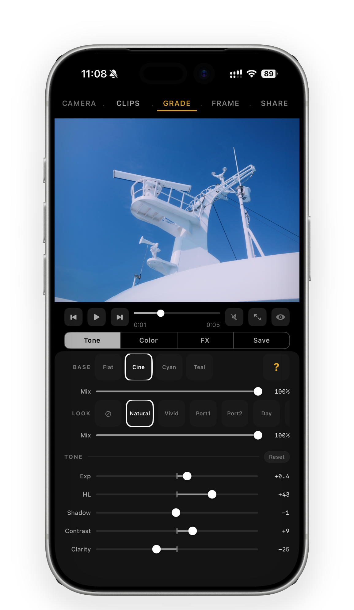 GATE CAM grade screen — tone and color controls on iPhone