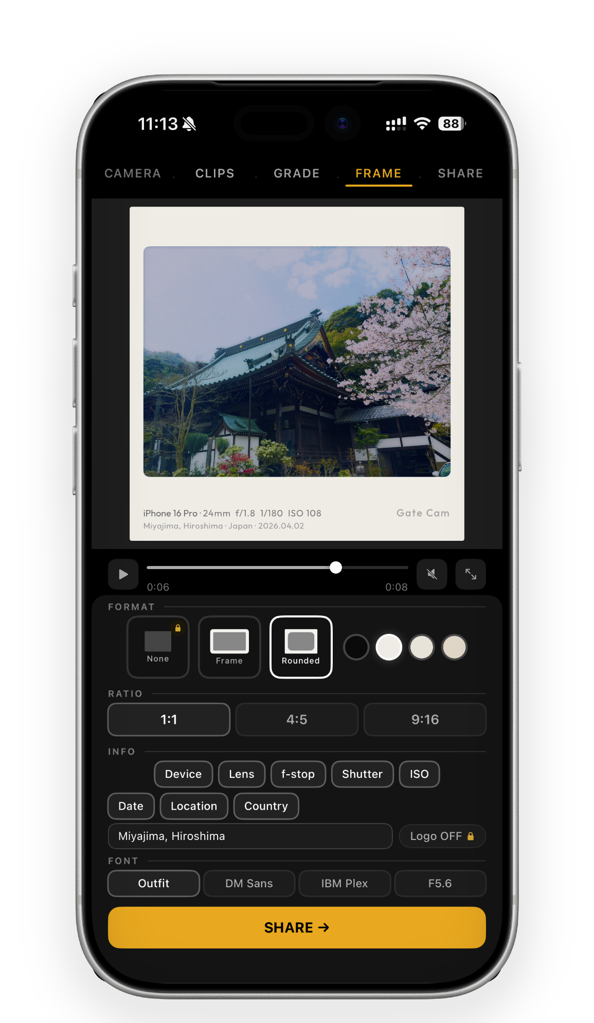 GATE CAM frame screen — border and metadata styling on iPhone